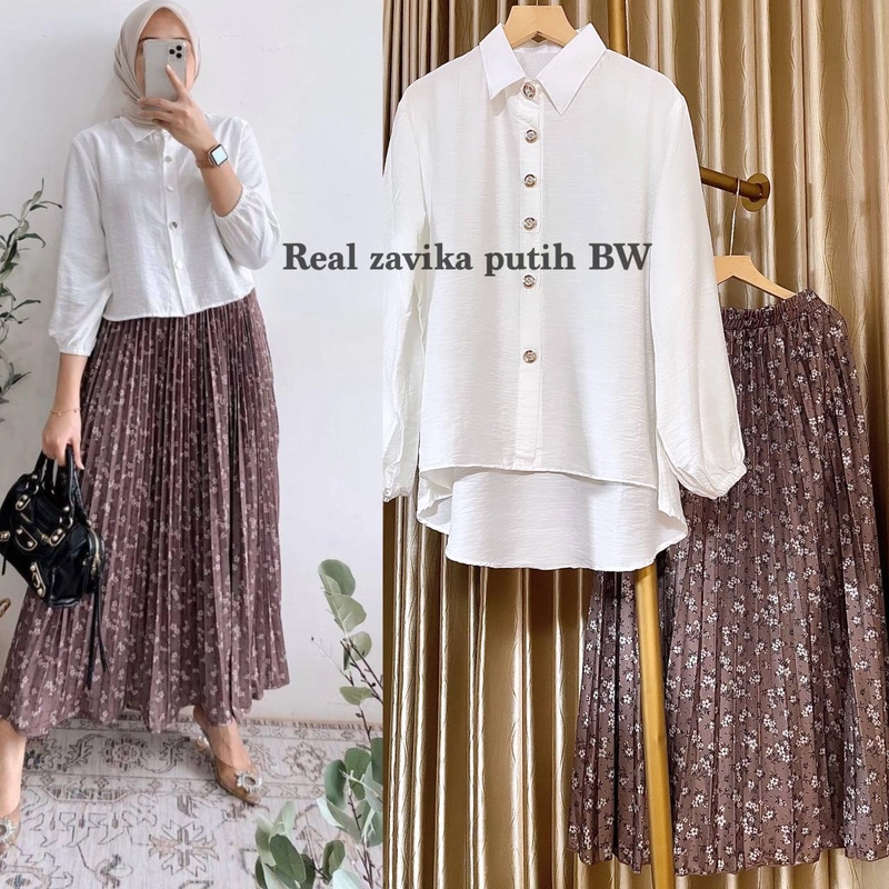Product image Valencia - Zavika Set Rok - One Set Wanita Kemeja Polo Linen Premium Lengan 7/8 Setelan Wanita Kekinian Rok Pr All Size Zavika Olive