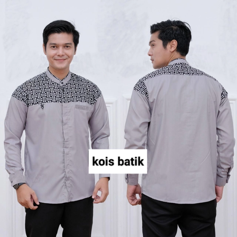 Product image Kois Batik - Baju muslim lengan panjang koko kombinasi batik bagus dewasa Xl Abu