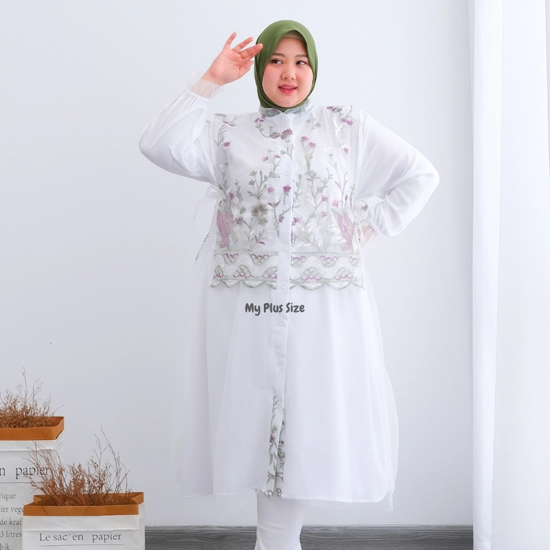 Product image My Plus Size - Long tunik Vest Tile Brukat Jumbo Wanita 3946 Ld 125 cm / 135 cm & 150 cm / Tunik Eid Series Jumbo W 2XL SAGE