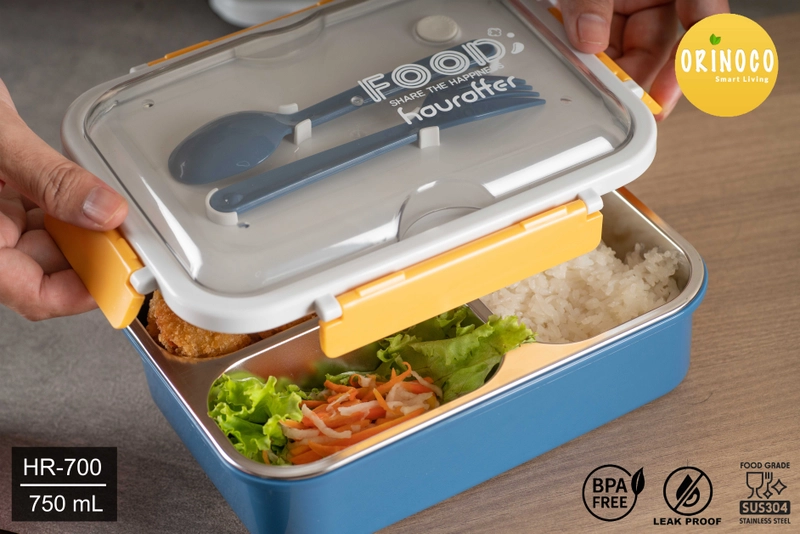 Product image Houroffer HR-700 Lunchbox Stainless 3 Sekat Anti Bocor Anti Campur 750 ML dengan Sendok & Garpu 750 Navy Yellow