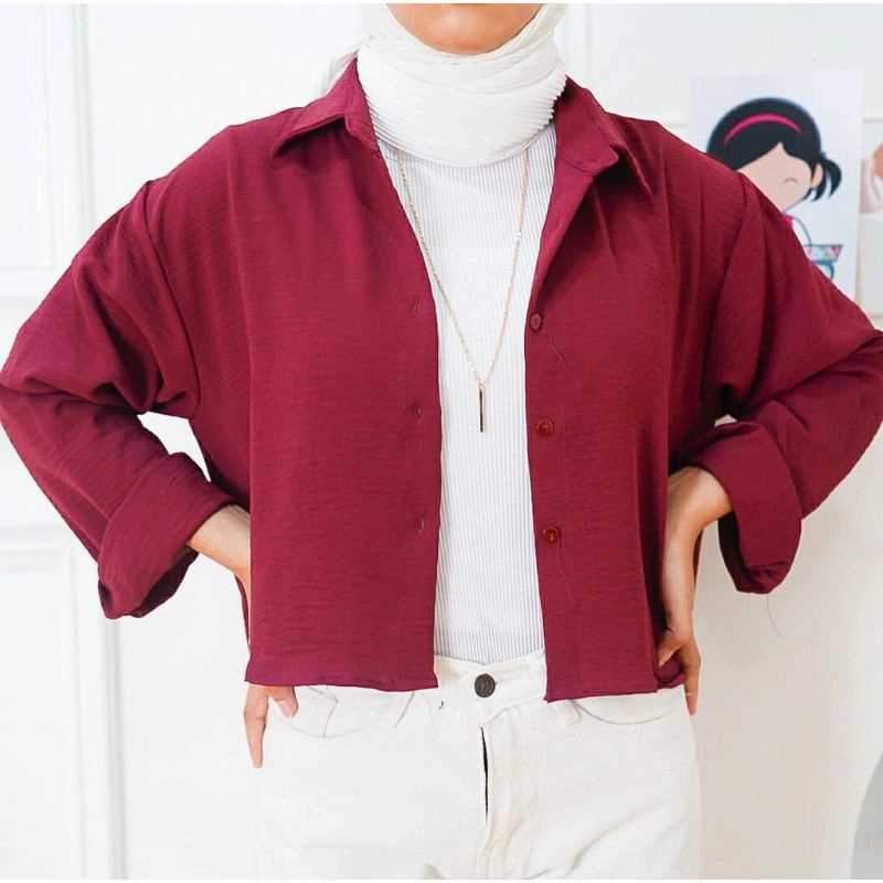 Product image MEQA DAILY - MEGA DAILY - Kemeja Hanin Oversize Crop Crinkle All Size Maron