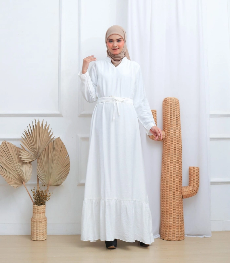 Product image Syahrinda [TA] - Gamis Putih Polos Panjang Wanita Premium Lestia Zarara Allsize Polo Linen fit to Big sIZE Freesize Putih