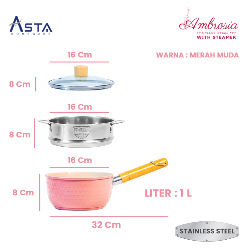 Product image Asta Sauce Pan Panci Stainless Kukusan Mpasi Anti Lengket Tutup Kaca 16 cm Warna Pink