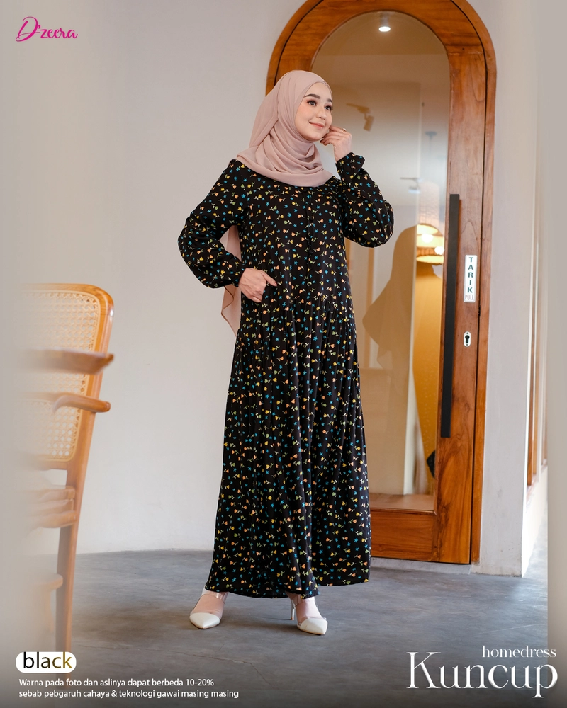 Product image Dzeera - KUNCUP HOMEDRESS / gamis wanita muslimah motif bunga bahan rayon S Black