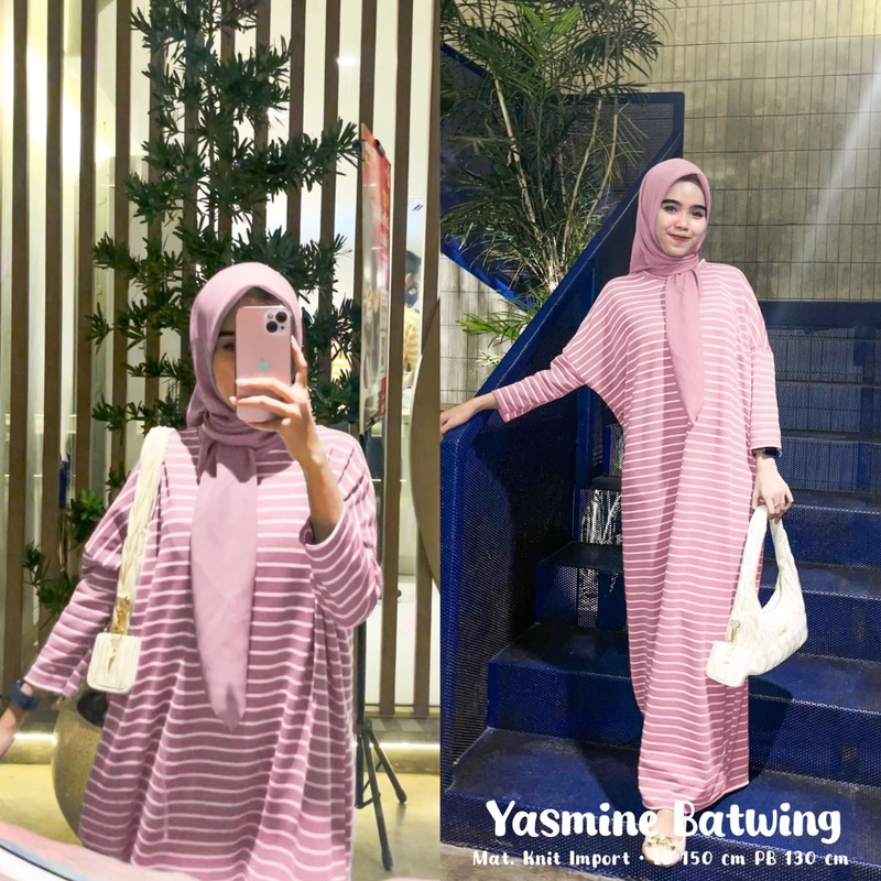 Product image Khisna collection - New gamis Yasmine Batwing salur knit wanita kekinian Allsize Dusty