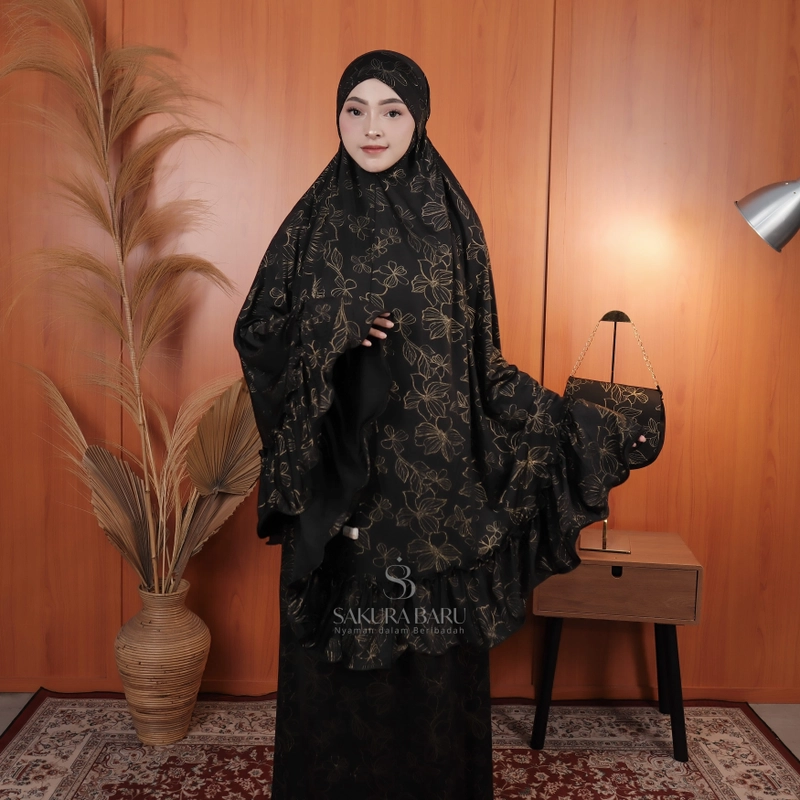 Product image Sakura Baru - Mukena Mimah Motif Magnolia Mimoza Strechy Pleats Mukenah Wanita Dewasa All Size Hitam