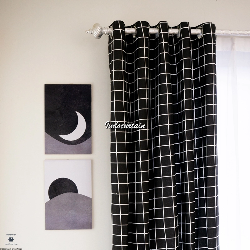Product image Indocurtain - Gorden Jendela Katun Minimalis Smokring Kotak Series Tinggi 150cm Kotak Hitam