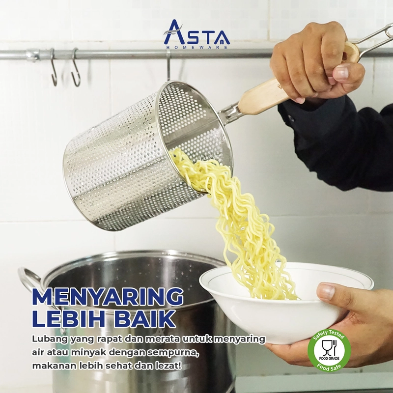 Product image Asta Saringan Mie Ayam Stainless Bihun Sayuran Strainer Tahan Karat Gagang Kayu Size 12 cm