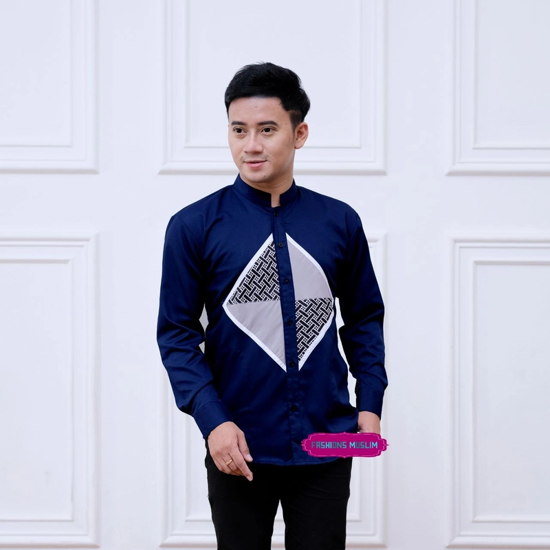 Product image Kois Batik - BAJU KOKO LENGAN PANJANG KOKO KOMBINASI BATIK PRIA DEWASA Xl Biru navy