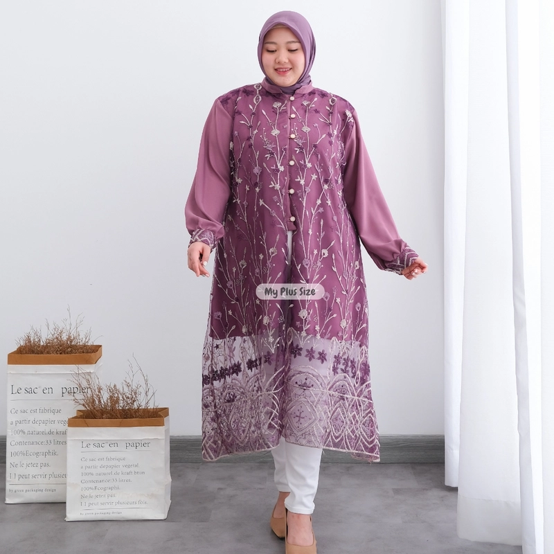 Product image My Plus Size - Long tunik Brukat Tile Jumbo Wanita 3944 / Ld 125 cm / 135 cm & 145 cm / Tunik Eid Series 2XL LAVENDER