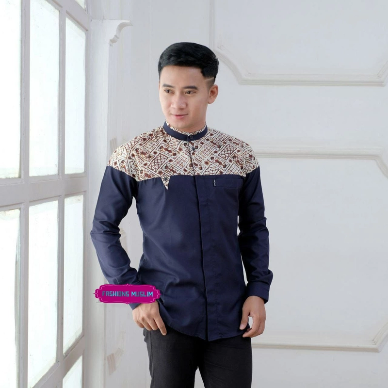 Product image Kois Batik - BAJU MUSLIM LENGAN PANJANG KOKO KOMBINASI BATIK FARKHAN L Navy