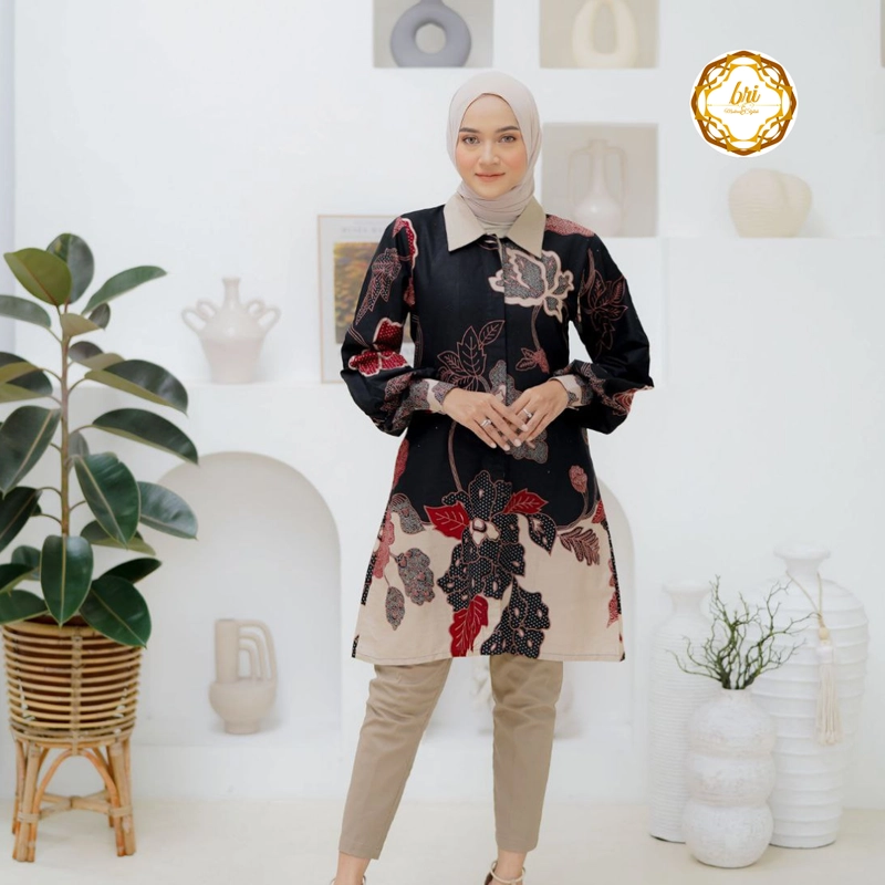 Product image Rambe Batik Indonesia - Couple Tunik Mawar Exclusive Hitam Kemeja Saja Size M Hitam