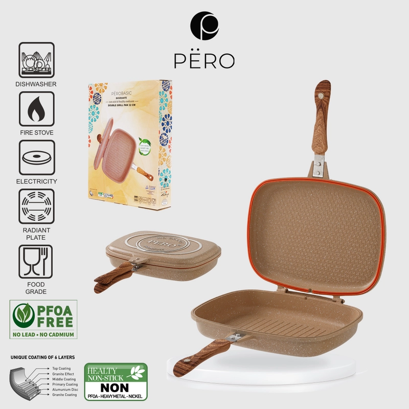 Product image Pero Doa JUMBO Double Grill 32 OVEN EFFECT / Double Grill Pan NONSTICK BioGranite 6 Layers Large Creamy