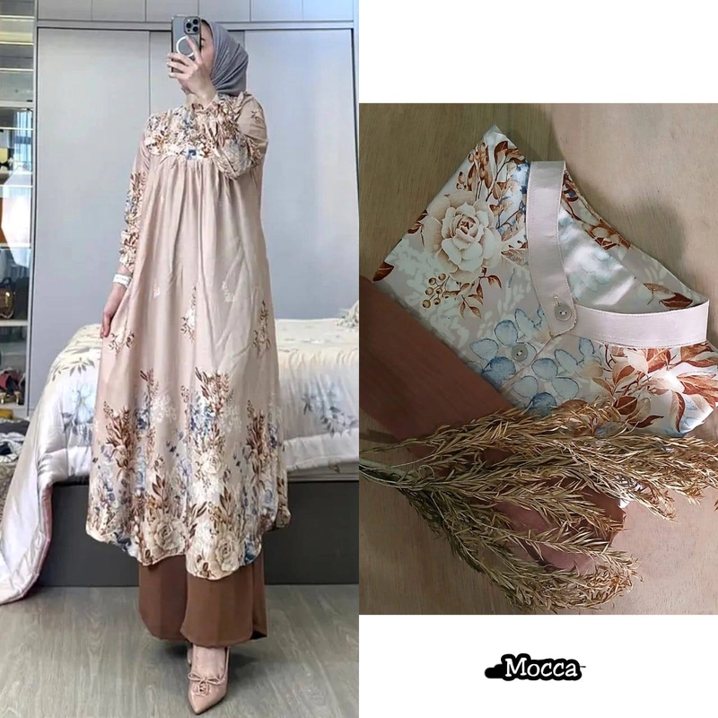 Product image Khisna collection - New oneset tunik wanita zie kekinian motif baru jahitan rapih Allsize Mocca