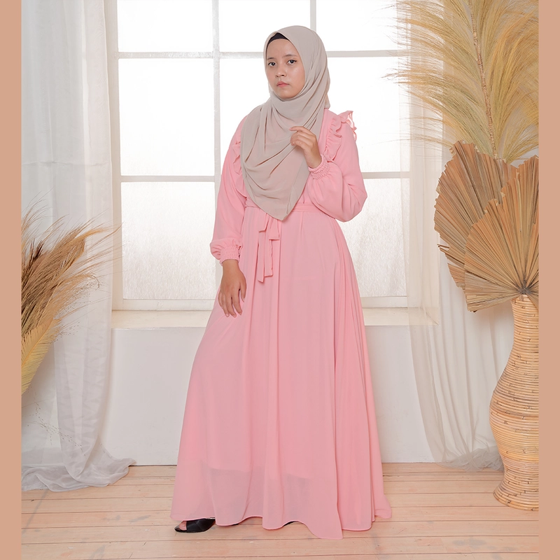 Product image MOSCOU - Baju Busana Dress Gamis Wanita Muslim Muslimah Syari Syar'I Remaja Ibu Busui Simple Simpel Elegan Casual Pesta Kondangan Lebaran Terbaru Kekinian Ceruty Ceruti Babydoll Premium Full Furing Hyget Adem Lembut Pink Peach Polos M Pink Peach
