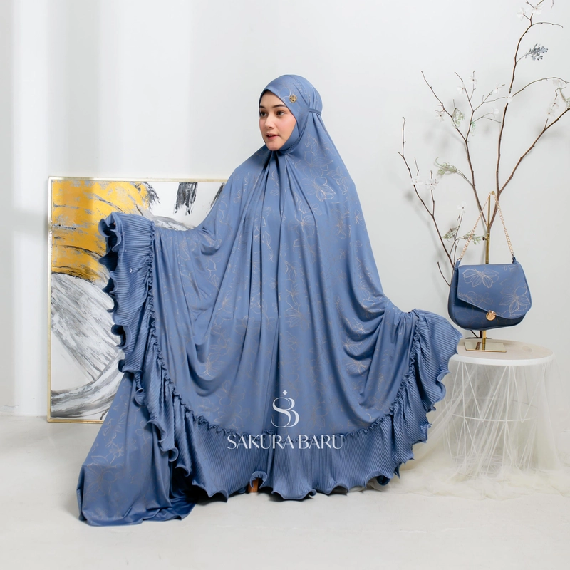 Product image Sakura Baru - Mukena Mimah Motif Magnolia Mimoza Strechy Rample Mukenah Wanita Dewasa All Size Denim