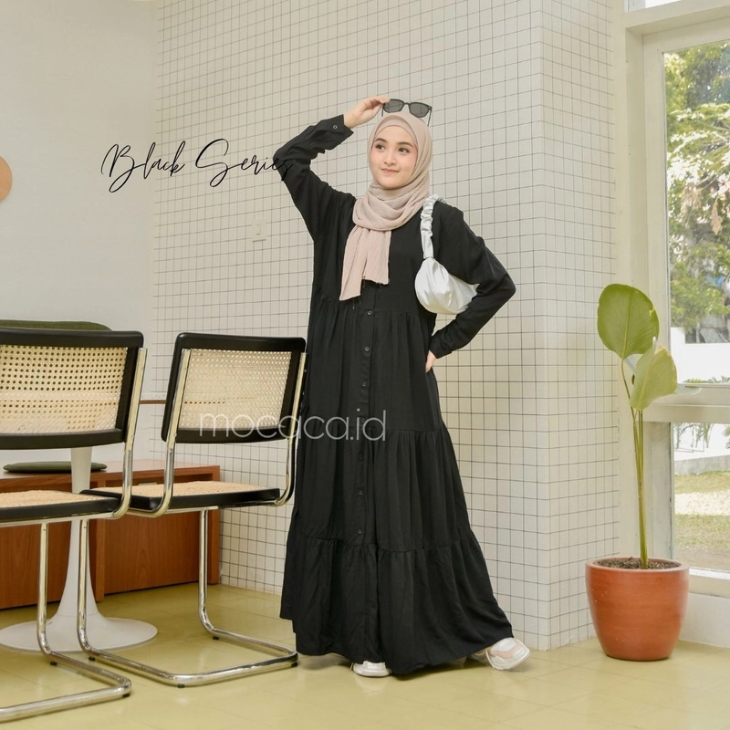 Product image mocaca id - Gamis Polos Premium Babydoll Lady Dress Rayon Twill Full Kancing Hidup Busui Hitam ALL SIZE HITAM