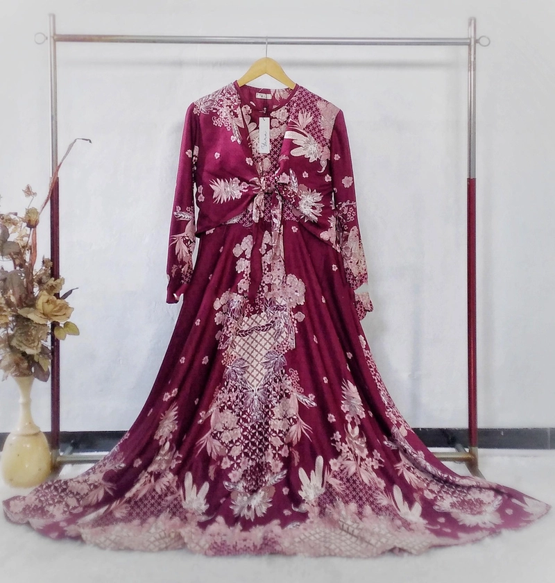 Product image Jembar - Gamis Wanita Dior Silk Premium Jumbo Ld 100 Dress Maroon Motif Terbaru Dewasa Maroon