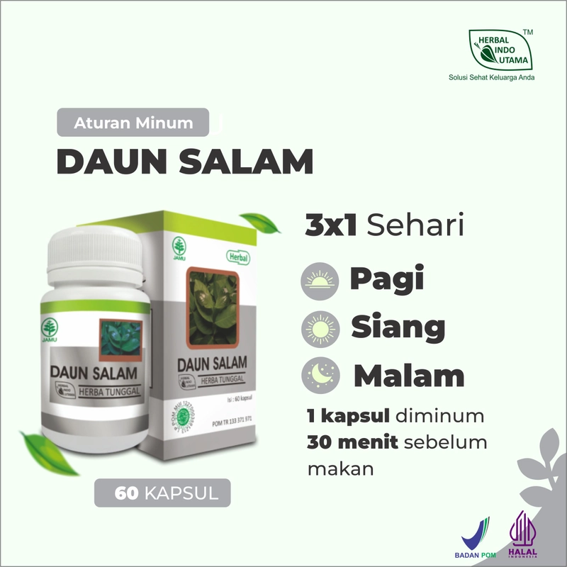 Product image Herbal Indo Utama - Daun Salam Herbal Indo Utama Obat Kolesterol Darah Tinggi Asam Urat isi 60 Kaps 1 Botol 60 Kapsul DAUN SALAM