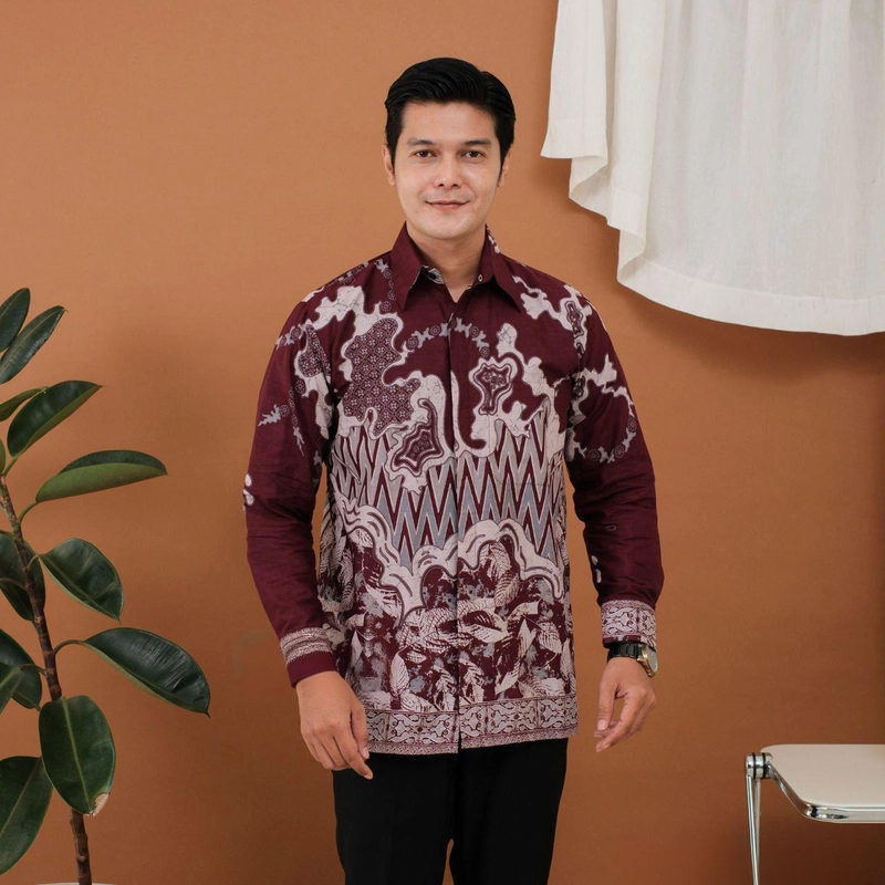 Product image Batik Mafaza - Atasan Batik Pria Kemeja Batkk Kekinian Modern Terbaru Sangat Nyaman Dipakai Motif cunda M Burgundy