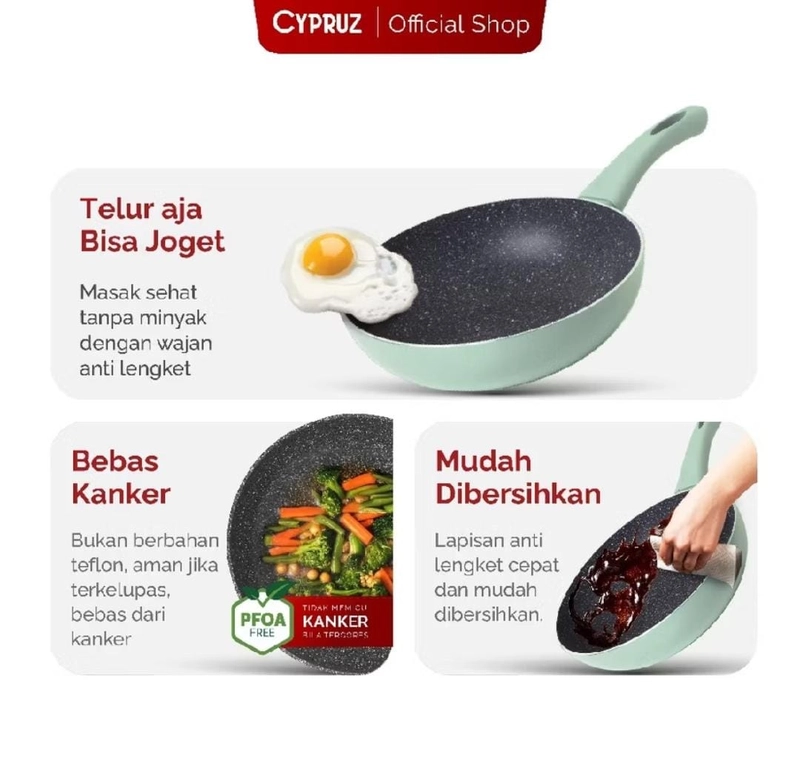 Product image Rizki Electronics - Cypruz Wajan Penggorengan Anti Lengket Fry Wok Featherlight Series 20 CM Grey/Green