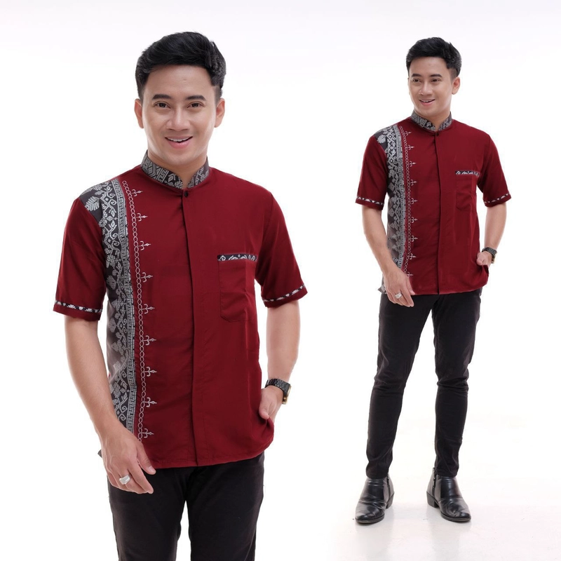 Product image Batik Alfin - Baju koko muslim pria dewasa Lengan pendek kombinasi bordir model terbaru M Maron