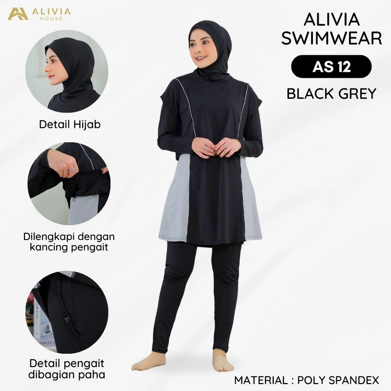 Product image Alivia House - Alivia Swimwear AS 12 - Baju renang muslimah syari Poly Spandex dewasa wanita muslimj S Black Grey