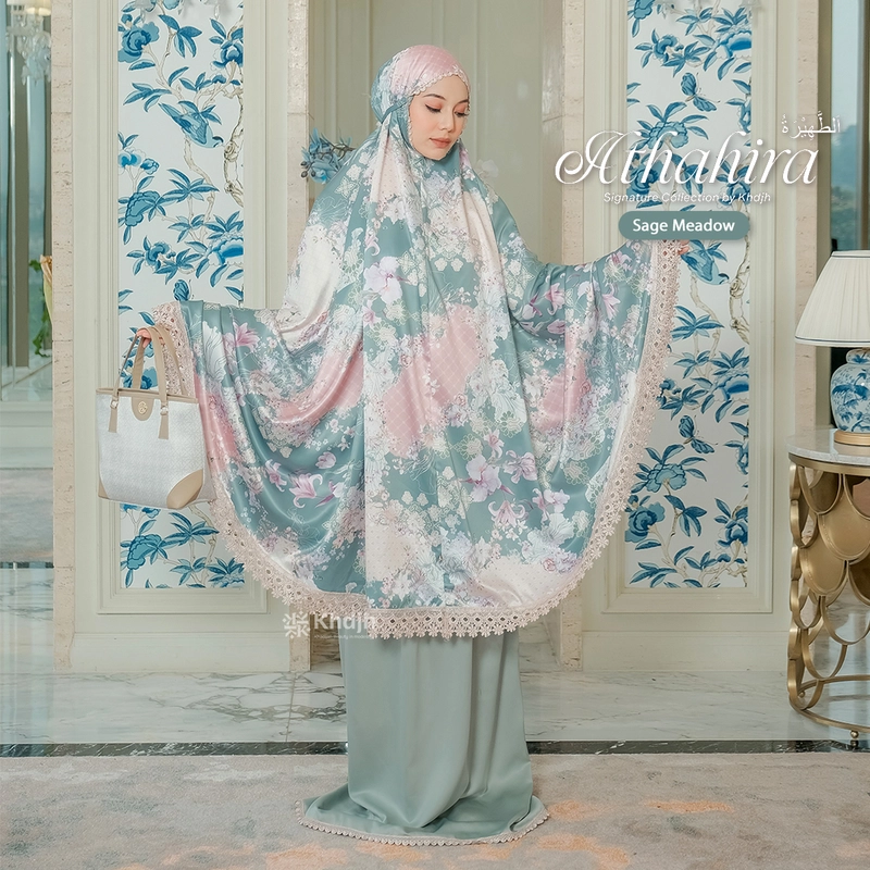Product image KhadijahLabel Mukena Dewasa Jumbo Premium Signature Silk Renda Mewah Terbaru Athahira Edisi Lebaran Jumbo Sage Meadow
