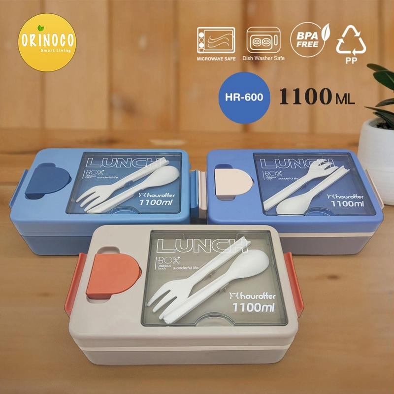 Product image Houroffer Kotak Makan Bento 3 Sekat HR-600 Plastic Free Sendok Garpu 1100 ML Anti Tumpah - Bpa Free 600 Blue Purple