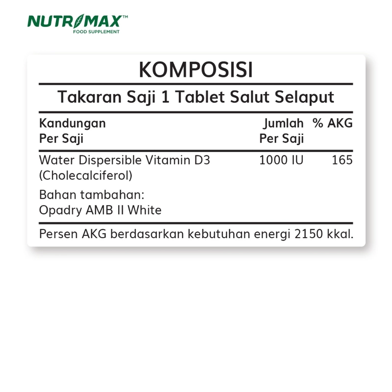 Product image Nutrimax - Nutrimax Vitamin Vit D3 4000 IU Memenuhi Kebutuhan Vitamin D Dengan Cepat 150 gram Isi