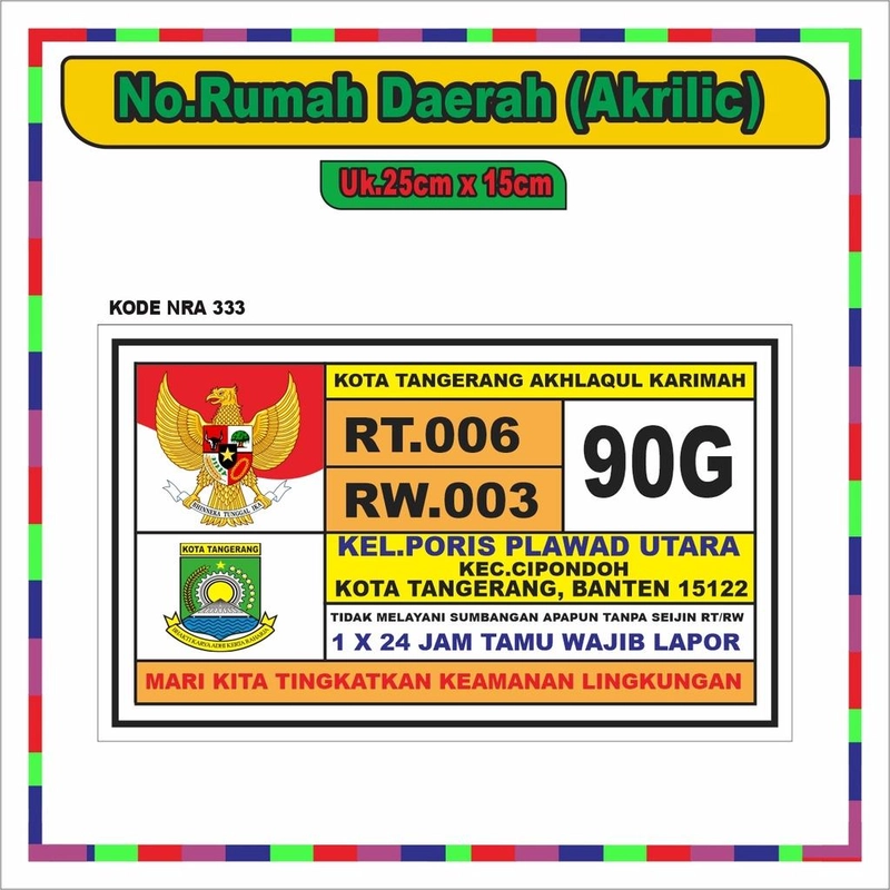 Product image Pusat Advertising - Papan Akrilic Akrilik Nomor Rumah Daerah Ukuran 25cm x 15cm PEREKAT NRA333