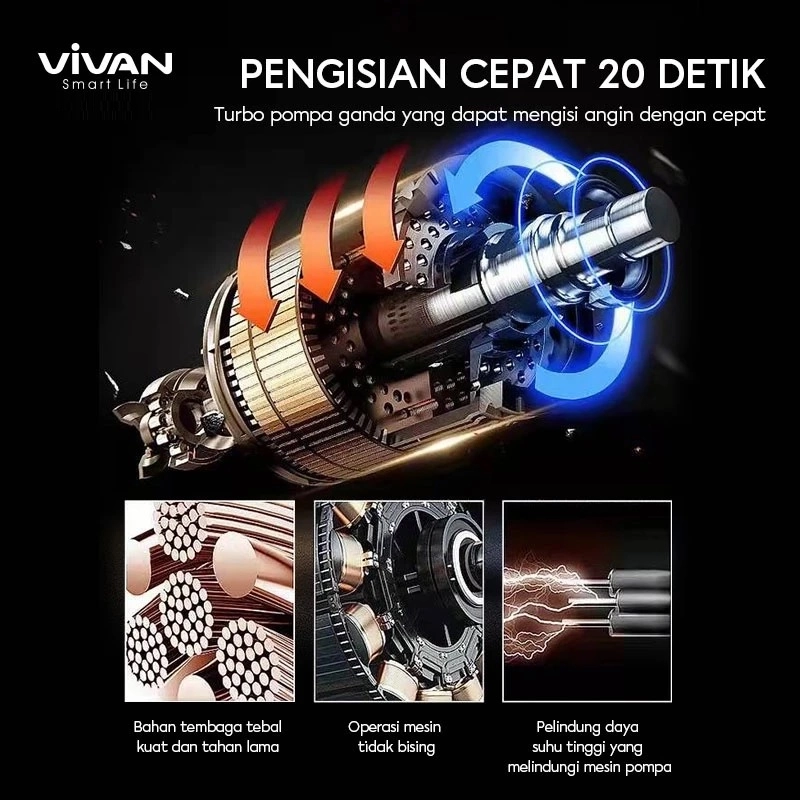 Product image UTAMAMEGA - Pompa Ban Mobil Portable VIVAN VTI02 Elektrik Air Compressor Mini Serbaguna LCD Display Pompa Angin Serbaguna