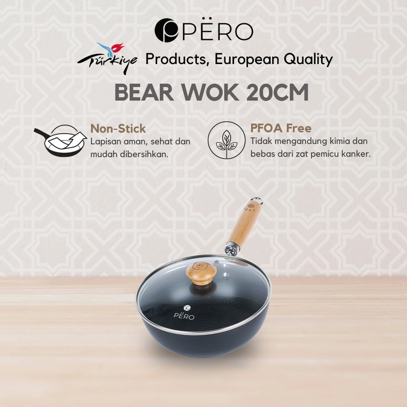 Product image Pero Indonesia - Pero Bear Wok Pan Iron Black with Lid Wok Pan Wajan Penggorengan Deep Frying Bear Wok 20cm