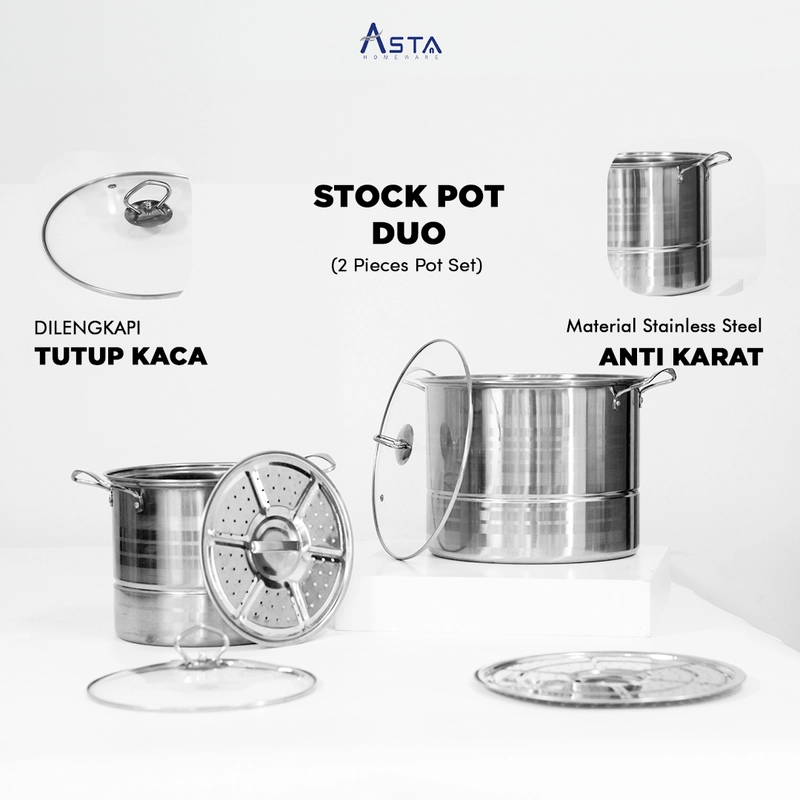 Product image Asta Dandang Kukusan Stainless Stock Pot Steamer Tutup Kaca Tebal Set 2 pcs Warna Grey ASSP-02