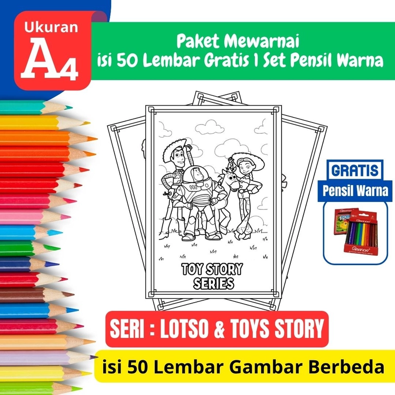 Product image FEID Store - [ EDISI LOSTO & TOYS STORY ] Promo Paket Mewarnai isi 50 Lembar Gratis 1 Set Pensil Warna - A4 Tebal A5 TEBAL