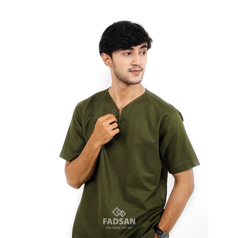 Product image FADSAN - Baju Couple Ayah dan Anak Koko Muslim Bahan Katun Linen Lengan Pendek Warna Army - Mono Series SIZE ANAK XS MONO ARMY
