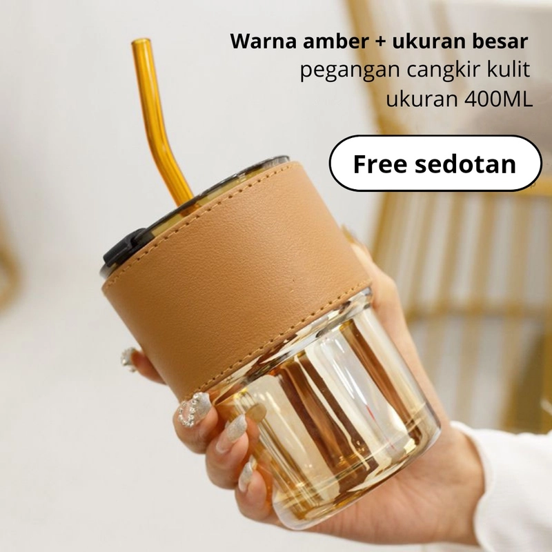 Blooming Deal - Tumbler Gelas Aesthetic Gelas Minum Kaca Elegan Bonus Sedotan Kaca 400ml P90-1 GOLD