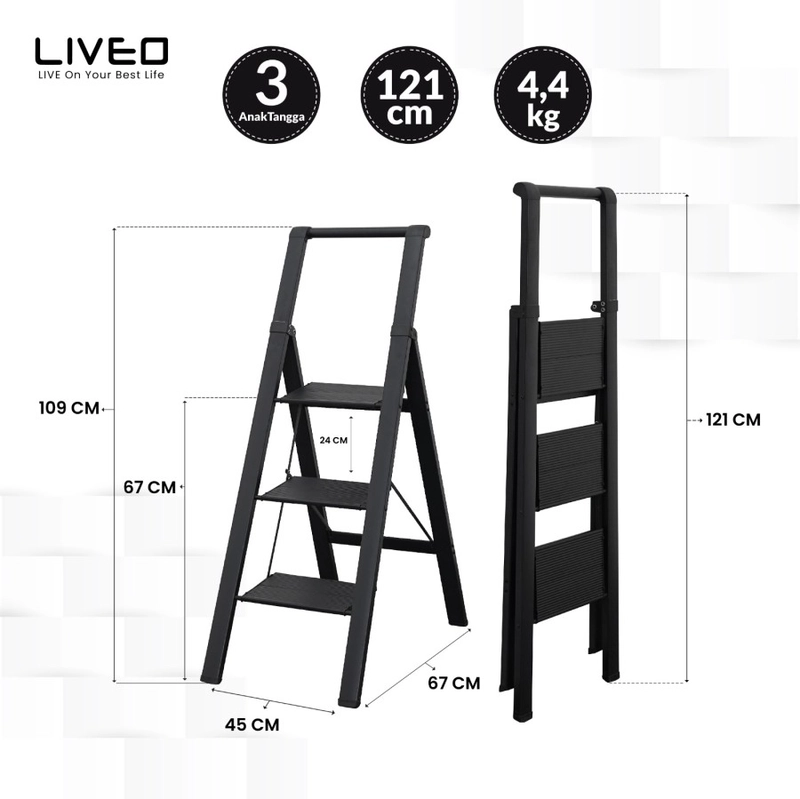 Product image Liveo - Tangga Rumahan Lipat Alumunium LIVEO LV-183 / Ladder 3 Step 5000 black