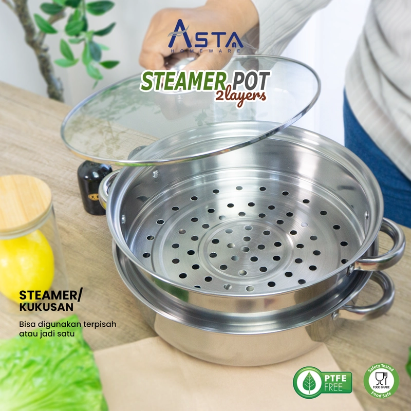 Product image Asta Homeware Official - Panci Kukusan Stainless Steel Steamer 2 Susun Tutup Kaca 28 cm Jenis ASSP-04