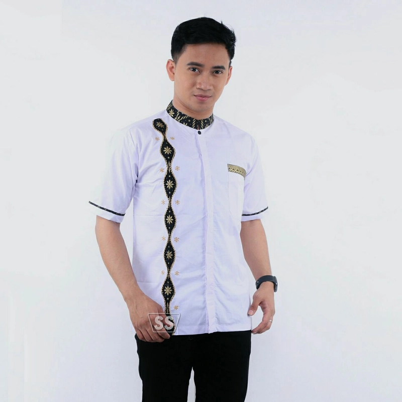 Product image Batik Alfin - Baju koko bordir kombinasi batik lengen pendek keren banget M Putih