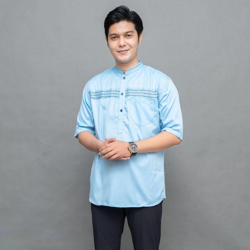 Product image Batik Alfin - Baju koko pria dewasa Lengan pendek motif garis 3 model terbaru bagus banget M Koko garis 3 blue