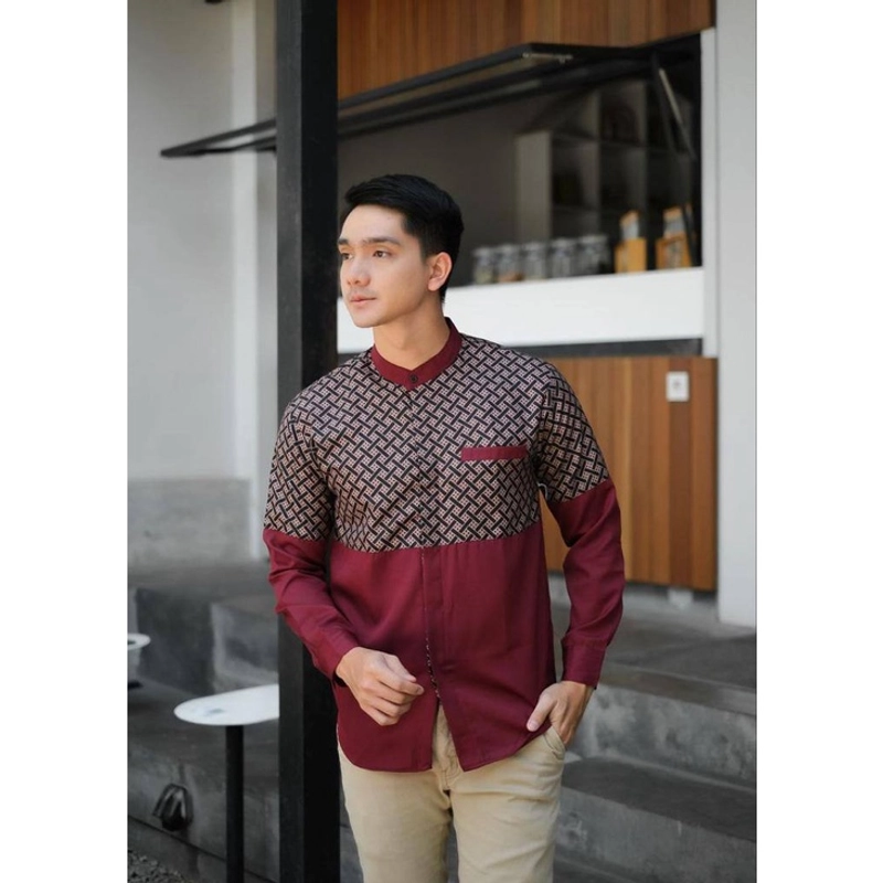 Product image Kois Batik - Baju muslim untuk dewasa bagus koko kombinasi batik lengan panjang terbaru bagus M Marun