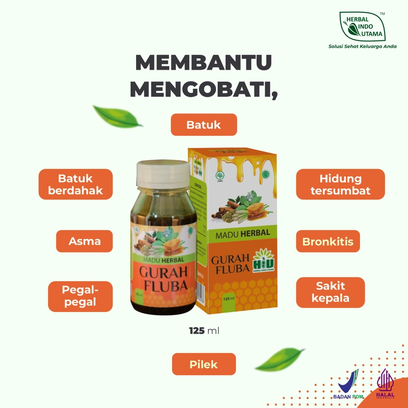 Product image Herbal Indo Utama - Madu Herbal Gurah Fluba Obat Flu dan Batuk Alami Atasi Atsma Bronkitis 125 ml 1 Botol 125 ml Madu Herbal