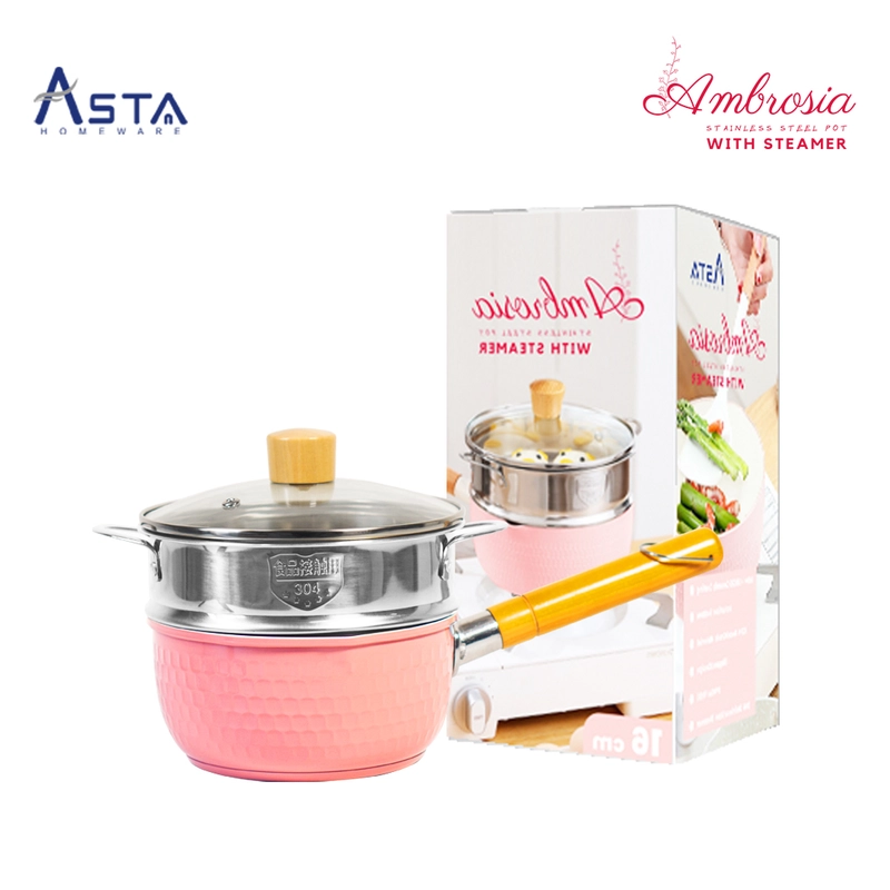 Product image Asta Sauce Pan Panci Stainless Kukusan Mpasi Anti Lengket Tutup Kaca 16 cm Warna Pink
