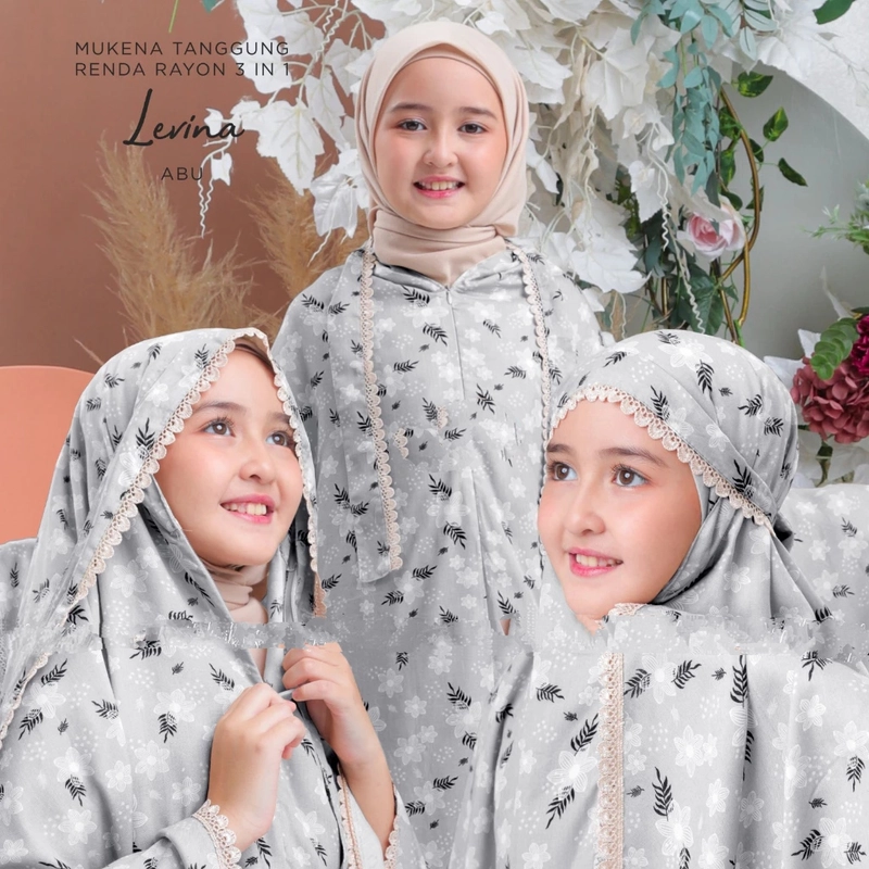 Product image qayd - Mukena Levina Anak Tanggung Renda 3in1 Bahan Rayon Janger Resleting Abu Abu Coksu Hitam Hijau Semen Anak Tanggung Abu Abu