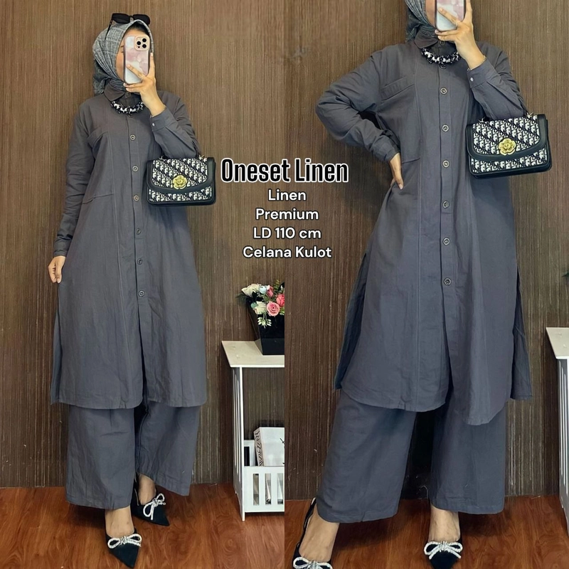 Product image Valencia - Shella One Set Wanita Tunik Polo Linen Setelan Wanita Lengan PanjangCelana Kulot Kekin All Size Charcoal