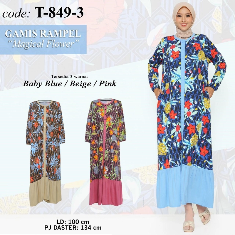 Product image AL Irsyad Store - FOREVER SWEET Gamis Rampel magical Flower T-849-3 Free Babygold ALL SIZE BABY BLUE