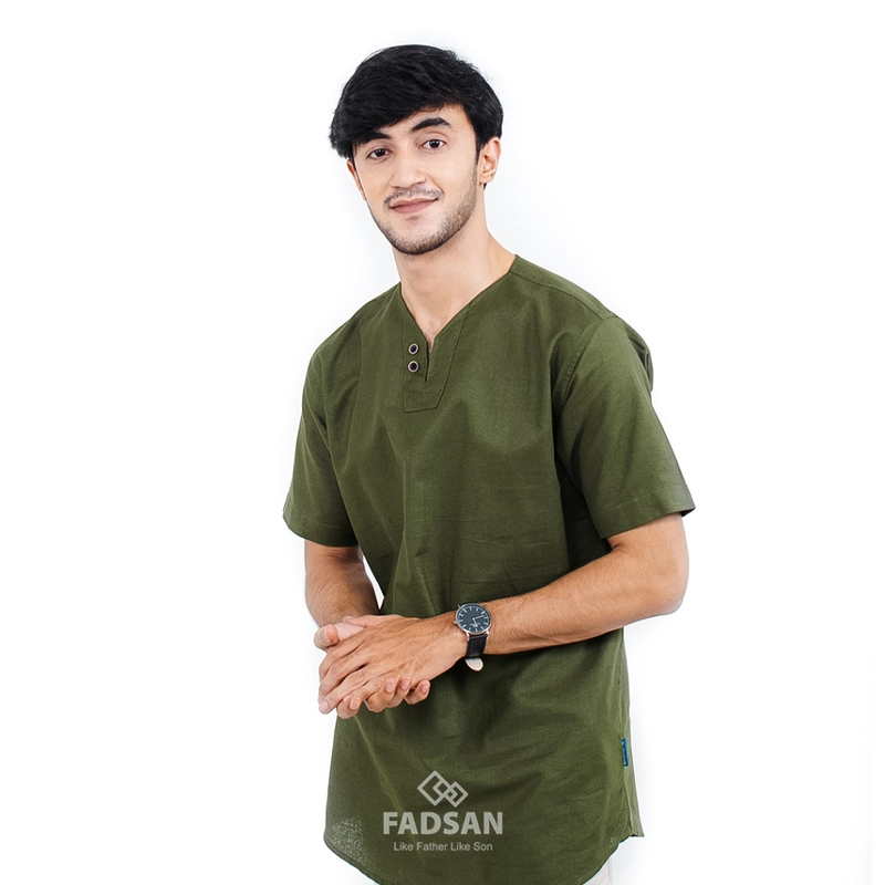 Product image FADSAN - Baju Couple Ayah dan Anak Koko Muslim Bahan Katun Linen Lengan Pendek Warna Army - Mono Series SIZE ANAK XS MONO ARMY