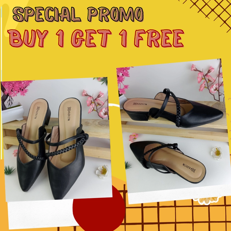 Product image Koekita - Promo Buy 1 Get 1 Sandal Selop Hels Kepang Wanita 3 cm Evelyn-01 36 Hitam