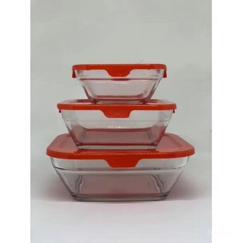 Product image Toko Mawar - Mangkok Kotak Kaca 3 Susun 1.200 Gr Merah